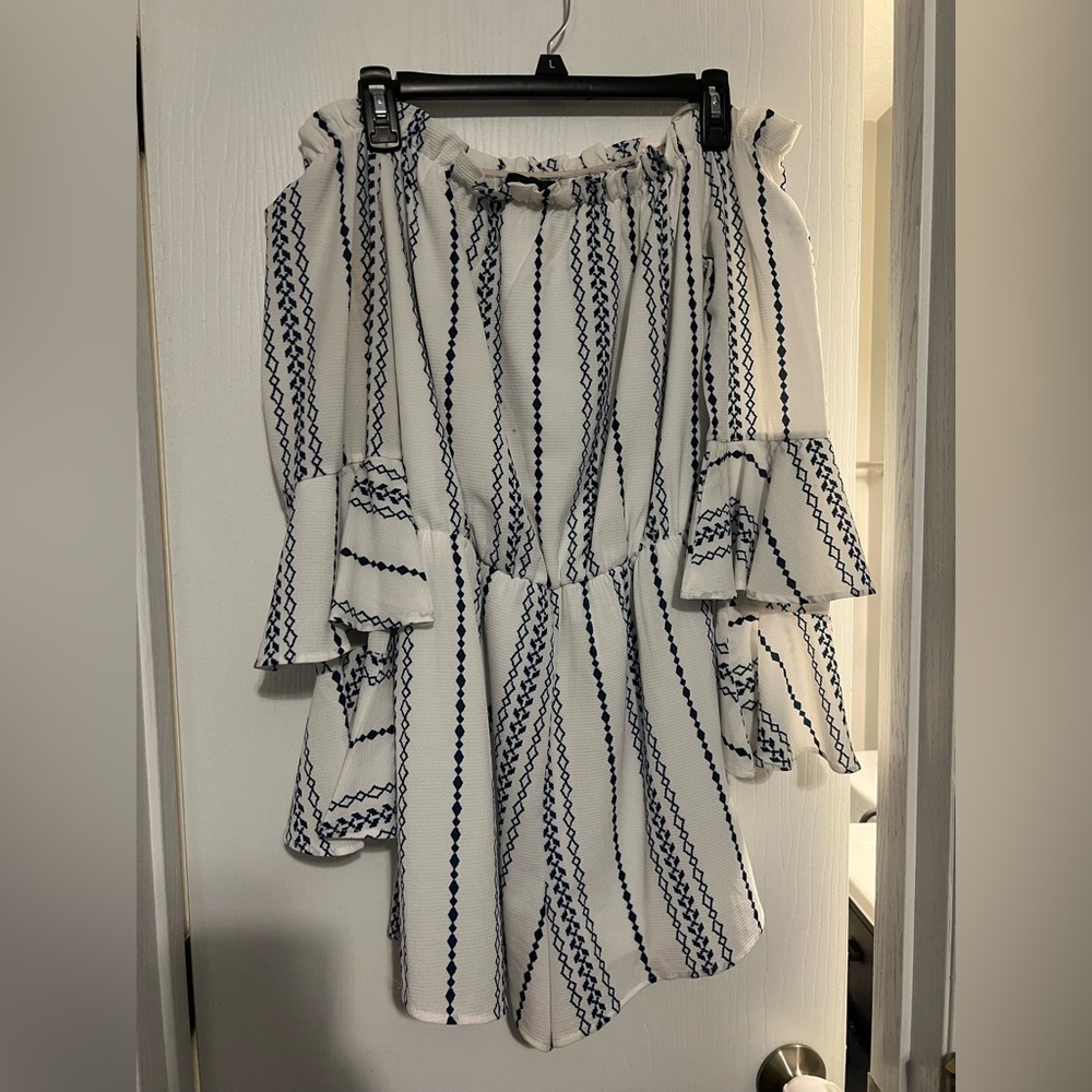 Trac Off-Shoulder Romper with Blue Patterns